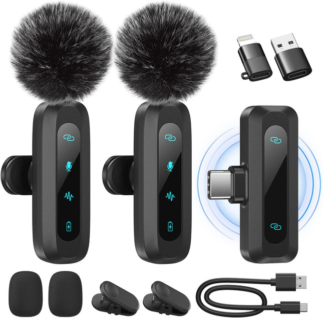Wireless Lavalier Microphone for iPhone, iPad, Android Phone，2-Pack Mini Microph