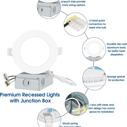 INCARLED 4Inch 5CCT LED Recessed Slim Pot Light with Junction Box, 2700K-5000K C