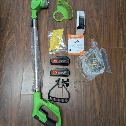 Cordless Weed Wacker 21V with 2 x 2.0Ah Batteries & 4 Blade Types, Stringless Electric Grass Trimmer, Green