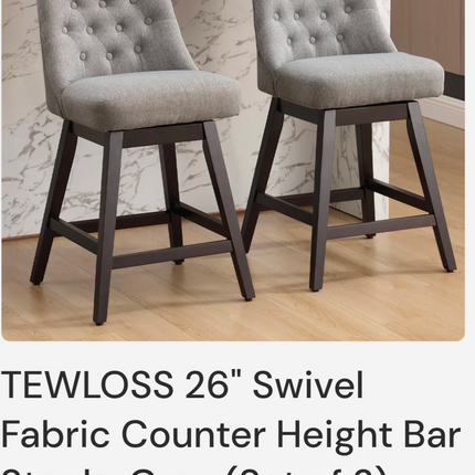 TEWLOSS 26" Swivel Fabric Counter Height Bar Stools, Gray (Set of 2)
