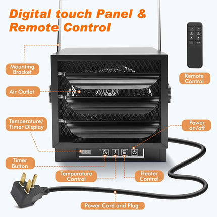 (No remote) 4800W Garage Heater Electric, 240V/30Amps with Plug, Fan-Forced Ther