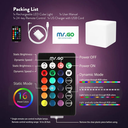 Mr.Go 8-inch Rechargeable LED Cube Light w/Remote, RGB Color Changing Cube Lamp,