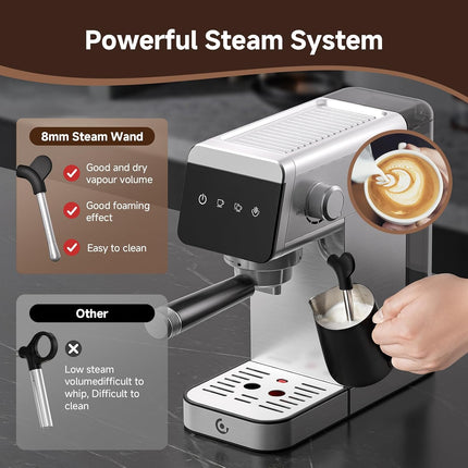 AMZCHEF 20 Bar Espresso Machine, Compact Stainless Steel Coffee Maker with LED Touch Screen & Milk Frother, Nickel
