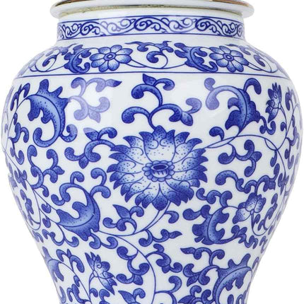 Chinoiserie Ginger Jar,7.6 Inch Ceramic Bule and White Ginger Jar w/Lid,Porcelai