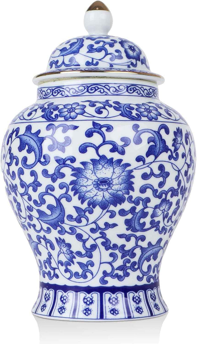 Chinoiserie Ginger Jar,7.6 Inch Ceramic Bule and White Ginger Jar w/Lid,Porcelai
