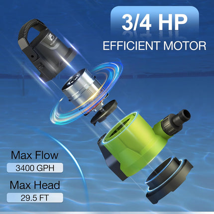 FLUENTPOWER Automatic Submersible Pump for Pool Cover, 3/4 HP 3400GPH Removal Pu