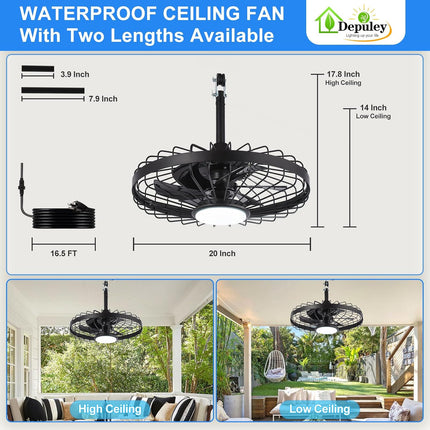 Depuley Outdoor Ceiling Fan with Light: 20 Inch Waterproof Gazebo Fans with Ligh
