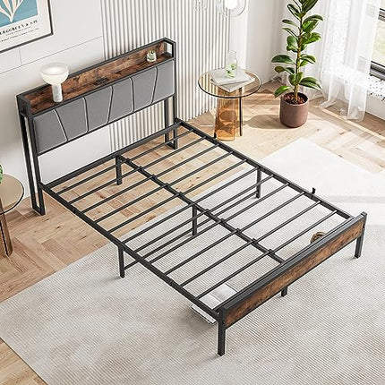 BOFENG Full Size Bed Frame with Upholstered Storage Headboard,USB Charging Stati