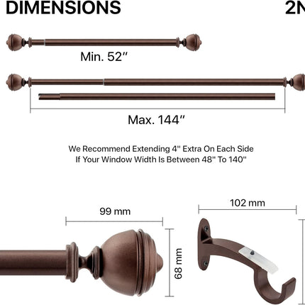 Deco Window 2 Pcs 52"-144" Extendable Curtain Rod with Brackets for Door & Windo