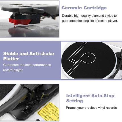 LP&No.1 Record Player with Built-in Stereo Speakers, LED Control, 3-Speed Belt-D