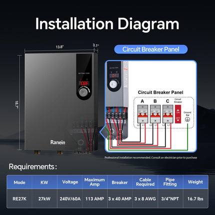 Electric Tankless Water Heater, 27kW 240V on Demand Instant Endless Water Heater