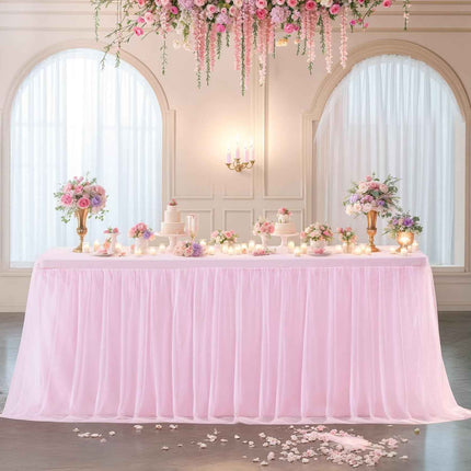 2 Pack Pink Table Cloth for 6 Foot Rectangle Tables, Pink Tulle Table Skirt Stre