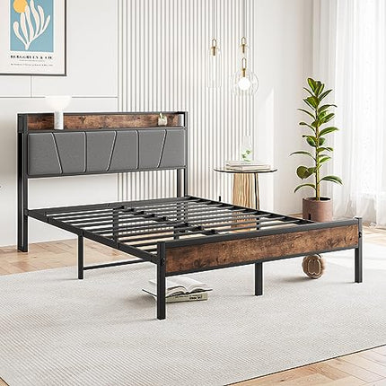 BOFENG Full Size Bed Frame with Upholstered Storage Headboard,USB Charging Stati