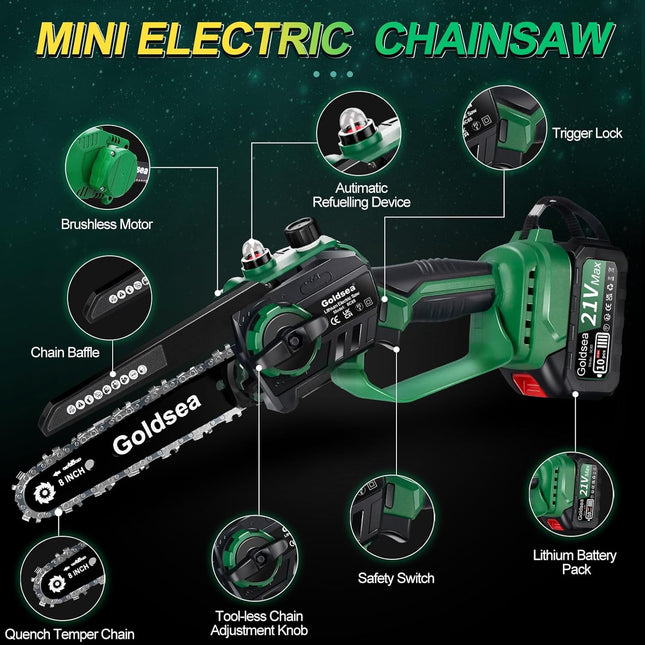 Mini Chainsaw Cordless 8 Inch, Goldsea Hand-Held Electric Chain Saw with 2 * 400