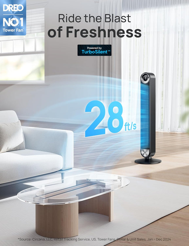 Dreo Tower Fan for Bedroom, 42 Inch Bladeless Fan, 90° Oscillating Fan, Quiet Fl