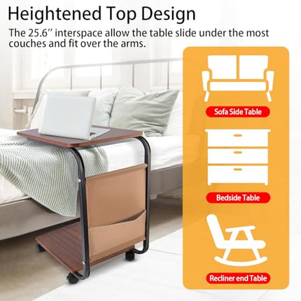 Ditind C Shaped End Table with Rolling Wheels, Small Couch Side Table with Stora