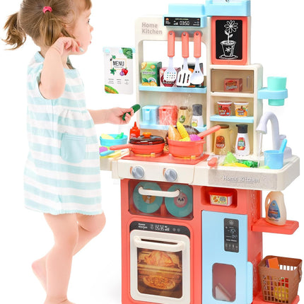 CUTE STONE Pretend Play Kitchen with Water Sink & Steam Stove, 63 Pieces with Light & Sound (No Instructions)
