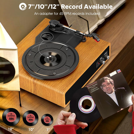 Record Player, FYDEE Vinyl Record Player with Built-in 2 Stereo Speakers, 3-Spee