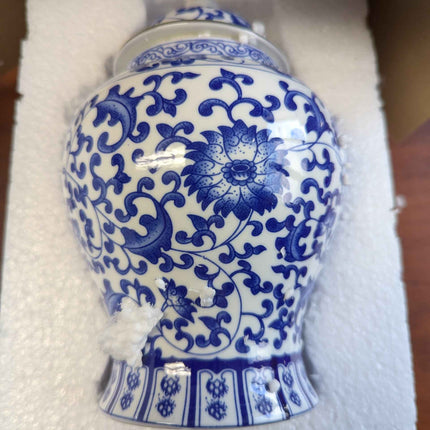 Chinoiserie Ginger Jar,7.6 Inch Ceramic Bule and White Ginger Jar w/Lid,Porcelai