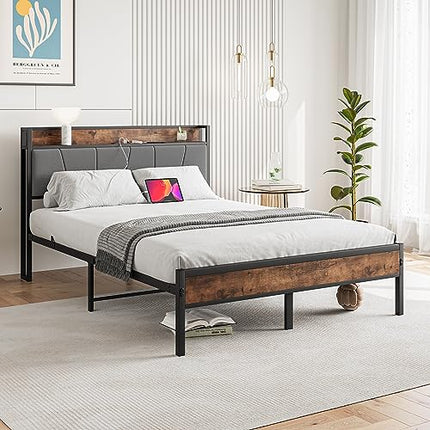 BOFENG Full Size Bed Frame with Upholstered Storage Headboard,USB Charging Stati