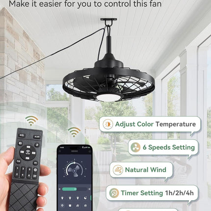 LEDIARY 20" Outdoor Ceiling Fan with Lights,IP65 Waterproof Gazebo Hanging Fan w