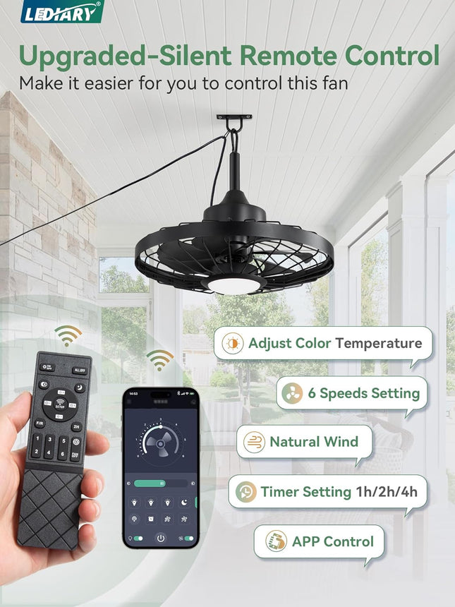 LEDIARY 20" Outdoor Ceiling Fan with Lights,IP65 Waterproof Gazebo Hanging Fan w
