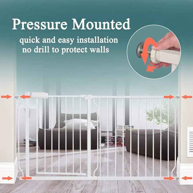 ALLAIBB 53 54 55 56 57 Inch Baby Gate Extra Wide Pressure Mount 52.76-57.48in Walk Through Auto Close White Metal Child Dog Pet Safety Gates for Stairs,Doorways,Kitchen and Living Room https://a.co/d/0gIuNv8Q