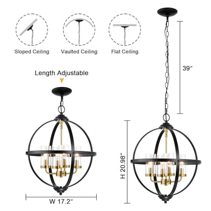 FAULTY Treekee Rustic Chandelier, 17" Black and Gold Finish Glass Cover Luxuriou