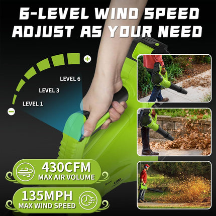 GREENER 21V Leaf Blower Cordless - 430CFM/135MPH 6 Speed Modes Electric Leaf Blo