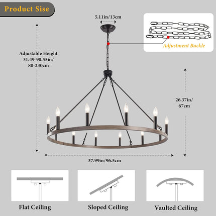 ZJVAIVE 12-Light Black Wagon Wheel Chandelier, 38'' Rustic Farmhouse Chandelier