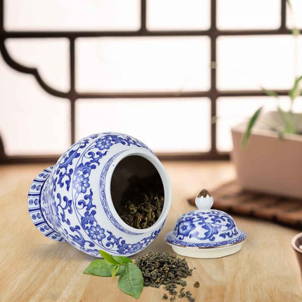 Chinoiserie Ginger Jar,7.6 Inch Ceramic Bule and White Ginger Jar w/Lid,Porcelai