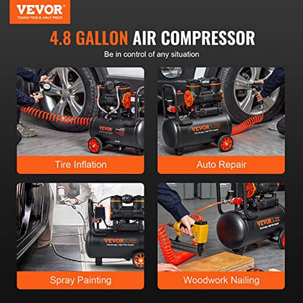 VEVOR 4.8 Gallon Air Compressor, 1.2HP 2.2 CFM@90PSI Oil Free Air Compressor Tan