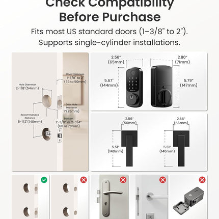 DESLOC B200 Fingerprint Smart Lock with 2 Lever Handles, Keyless Entry Deadbolt with App, Code & Key, IP54