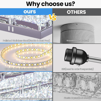 Finktonglan Modern Crystal LED Ceiling Light Fixtures 20” Dimmable Rectangular F