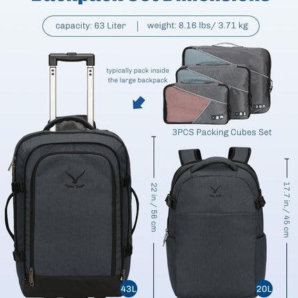 Hynes Eagle 2 in 1 Travel Backpack 22 inches Carry on Luggage 63L Rolling Backpa