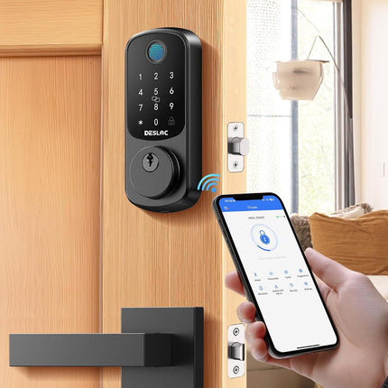 DESLOC B200 Fingerprint Smart Lock with 2 Lever Handles, Keyless Entry Deadbolt with App, Code & Key, IP54