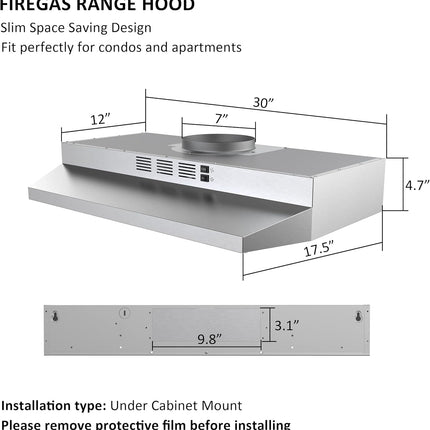 FIREGAS Range Hood 30 Inch Under Cabinet, Ducted/Ductless Convertible Stainless