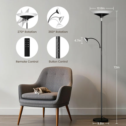 SIBRILLE 2-in-1 Torchiere Floor Lamp, 34W Dimmable Modern Standing Lamp with Gooseneck Reading Light & Magnetic Remote
