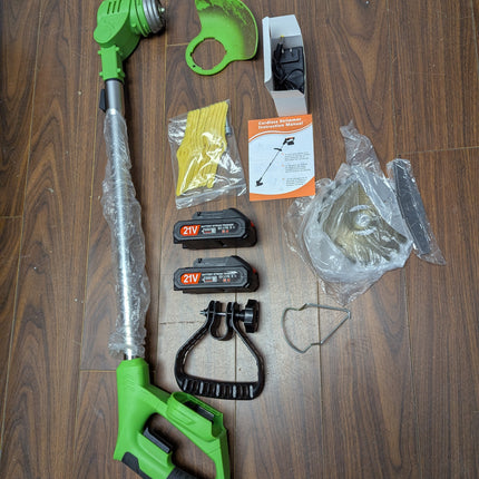 Cordless Weed Wacker 21V with 2 x 2.0Ah Batteries & 4 Blade Types, Stringless Electric Grass Trimmer, Green