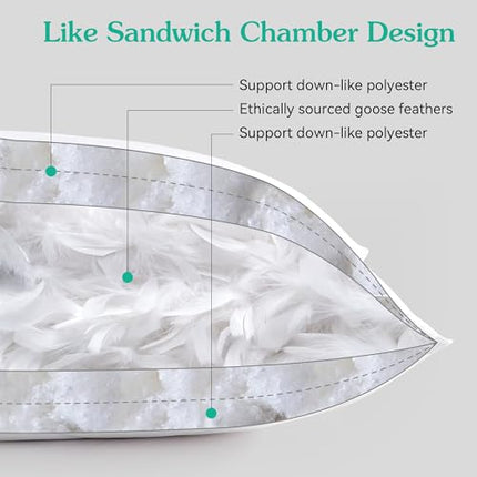 Set of 2 White Goose Feather Bed Pillows - Soft 600 Thread Count 100% Cotton, Me