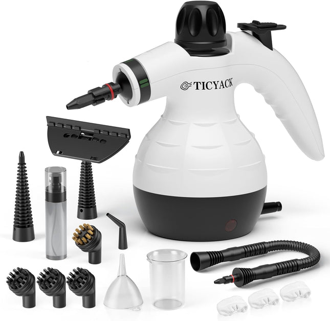 TICYACK Handheld Steam Cleaner with 16 Accessories, 1050W Continuous Steam, Chemical-Free Multi-Surface Cleaning, White