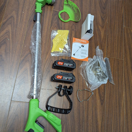 Cordless Weed Wacker 21V with 2 x 2.0Ah Batteries & 4 Blade Types, Stringless Electric Grass Trimmer, Green
