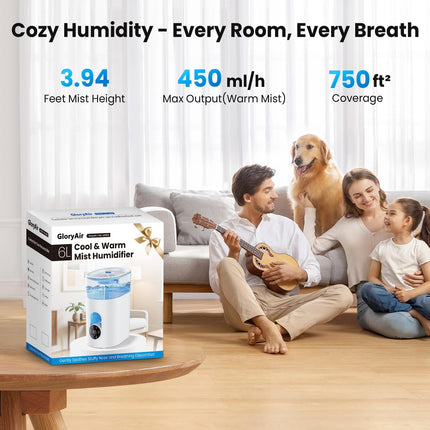 Humidifiers for Bedroom Large Room Home - GloryAir 6L Quiet Top Fill Cool & Warm