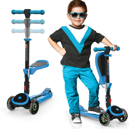 SKIDEE SP2 3-Wheel Kick Scooter for Kids 3-12, Adjustable Height, Removable Seat, LED Light-Up Wheels, Blue