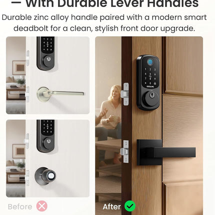 DESLOC B200 Fingerprint Smart Lock with 2 Lever Handles, Keyless Entry Deadbolt with App, Code & Key, IP54
