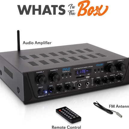 Pyle 500W Karaoke Wireless Bluetooth Amplifier, 4-Channel Stereo Home Theater Amp with USB, SD, FM Radio & Remote, Black
