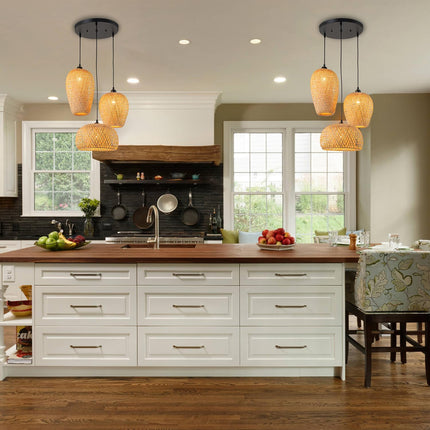 AOODU Rustic Rattan Pendant Light Fixture Farmhouse Bamboo Lighting fixtures 3-L