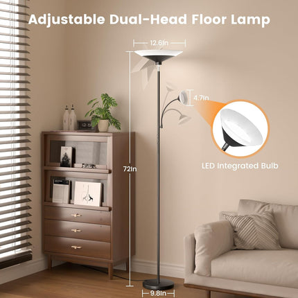 SIBRILLE 2-in-1 Torchiere Floor Lamp, 34W Dimmable Modern Standing Lamp with Gooseneck Reading Light & Magnetic Remote
