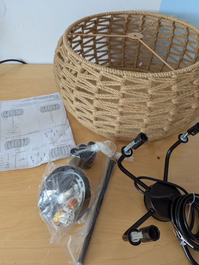 19" Rattan Chandelier, 5‑Light Boho Chandelier Light Fixture with Hand-Woven Wic