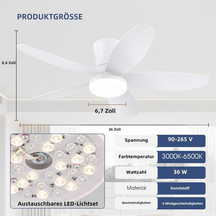 Surtime Ceiling Fans with Lights-36 Low Profile Ceiling Fan with Light and Remot